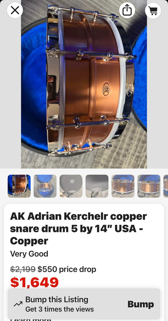 AK Adrian Kerchelr copper snare drum 5 by 14” USA - Copper