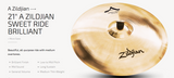 Zildjian - A  Avedis  - Brilliant 21" Sweet Ride Cymbal (Free Skype Lesson w/ Purchase)
